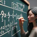 A carefully constructed visual image showcasing a mathematical scenario. Marion, an East Asian female, is deeply engaged in her task of solving a complex equation. Her focus and determination are evidenced by the way she manipulatively holds the chalk, using it to write the equation '9x - 6 = 12' on a large chalkboard. In the next part of the scene, Marion is seen adding '6' to both sides of the equation, highlighting her strategic approach to problem-solving. Following this, an unknown value with question marks around it is portrayed, indicating what each side of the equation needs to be divided by for the next step.