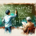 Create an appealing visual representation of an abstract problem-solving scenario. Present Samuel, an East Asian male mathematician, working on an equation on a chalkboard. He's holding chalk in his hand and writing out steps to solve an equation. His first step is drawing a big plus seven on the left side. On the board, show four different equations distributed evenly - 2y + 7 = 15, 2y - 15 = 7, 2y + 15 = 7, and 2y - 7 = 15, without any text or numbers. Please apply a 19th-century impressionistic style with watercolor as the primary medium.