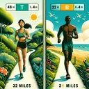 Create an image that represents a summer scene with two runners. The first runner is an East Asian female named T, running through a trail surrounded by lush greenery, indicating her distance covered as 32 miles. The second runner is a Black male named B, running on a sunny beach, with the distance of 24 miles indicated. Both appear fit and dedicated. Avoid text in the image and make sure to visualize the mileage covered as different trails for each runner.