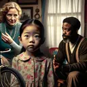 Generate a touching scene with a visual narrative relevant to the question at hand. Depict a Caucasian, little girl with a longing expression, which conveys her desire for a new bicycle. Add an East Asian mother and a Black father in the backdrop, engaged in a conversation with serious expressions. Make sure the environment suggests a humble household with a few salvageable toys to emphasize the lack of new playthings. The bicycle is suggested to be absent from the image, signifying Sally doesn't have one. However, everyone should appear caring and respectful to each other.