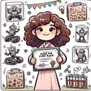 Draw an image of a Middle Eastern girl, presumably named Cindy with curly hair, delightfully holding her Science Fair First Place certificate. The background should have a visual representation of robotics kits and chemistry sets scattered around her. Each robotics kit is encapsulated in a box with drawn robots on it, while chemistry sets are also in boxes, but with drawings of test-tubes and chemicals instead. Remember, the image contains no text.