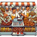 Illustrate a bustling local taqueria, where Hispanic chefs are actively grilling a variety of meats including carne asada, chicken, and carnitas. Show overflowing tacos in their hands, signifying a high volume of sales. Add details like sizzling grills, fresh ingredients like lettuce and tomatoes, and sauces. Include a vintage cash register with the drawer open, showing stacks of dollar bills symbolizing high earnings, but no specific numbers or text. Keep the color palette vibrant to represent the appealing and energetic atmosphere.