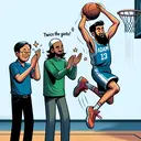 Illustrate a scene with three players on a basketball court in action. One player, Adam, an East Asian man in blue, is jumping high with the ball as if he just scored a shot. Another, Imran, a South Asian man in green, is clapping in celebration of Adam's point but looking slightly less elated. The third, Shakeel, a Hispanic man in red, is scoring a dramatic slam dunk, representing twice the gusto.