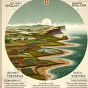 Illustrate a geographic setting depicting medieval England. Commence towards the top, with a portion of land below sea level, showcasing the unique fen-like landscape composed of water and plant life. Transition steadily to a representation of inland territories, filled with verdant rolling hills and orchards. Finally, finish with a touch of coastal territories, featuring high cliffs overlooking a vast, open sea. Purposefully exclude any features of permafrost, and keep the overall ambiance true to climate and landscape of medieval England. Add no text or writing to the image.