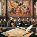 Illustrate a historical image showing representatives of the 16th-century Holy Roman Empire being in dialogue. They are in an ornate room of a castle, adorned with tapestries portraying various scenes from biblical narratives. Visible in the foreground is a parchment with an inkwell and feathered quill, symbolizing the ambassador's writings. The image should instill a sense of diplomacy, tension, and historical significance but without any specific people or text included in the composition.
