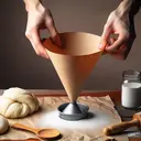 Create an image depicting a cooking scenario where a Caucasian male cook is trying to cover the side of a cone-shaped funnel with a piece of parchment paper. The funnel, placed on a kitchen counter besides some freshly made dough, is about 6 inches in diameter and has a slant height of about 4 inches. The image should not contain any numerical values or text. Colour the parchment paper tan, the dough white, the funnel metal-grey and the kitchen counter in brown wood texture.