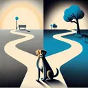 An symbolic image depicting the concept of uncertainty exhibited in the conditional mood. The image could consist of a path splitting into two directions, one leading to a bright park symbolizing a potential walk if the dog is feeling better, and another leading to a darkened, dreary space connoting the uncertainty due to the dog's sickness. The dog depicted should be a generic, mixed breed canine.