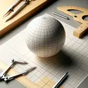 Create an attractive and educational image showing a perfectly spherical hemisphere with a radius of 10m. The hemisphere should be presented diagonally, to capture its three-dimensional aspect. It is positioned onto a flat surface which has a meter unit grid to provide a sense of scale. In the background there are some basic geometry tools like compass, ruler and protractor. Look to emphasize the mathematical nature of the image but remember, it should contain no text.