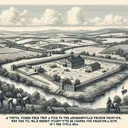 Create an image representing a virtual field trip to the Civil War era's Andersonville Prison. Illustrate an overhead view of the historical prison site nestled within the landscape, emphasizing its geographical features such as the terrain, the nearby water source, and the isolation from busy city areas. This image should provide the visuals needed to understand why this location might've been chosen for a prison site in the Civil War era. Make sure the whole image is void of any text and be sure to exclude any potentially distressing or graphic scenes.