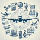 Generate an image showcasing different elements of aircraft technology. Visualise a plane with various technological aspects such as radars, satellite communication, navigation systems, and digital mapping technology. Make sure to include elements that represent remote sensing, GIS (Geographical Information System), Mercator projection maps, and GPS (Global Positioning System). Ensure that the image contains no text.