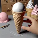 Create a 3D still life image of an ice cream cone being filled with ice cream by a hand, in the style of realistic precision. The cone should be equilateral - its diameter and height are equal. On top of the cone, there's a perfect hemisphere of ice cream. The surrounding should be an ice cream parlor backdrop, with various ice cream flavors in the background. The scene should invoke the calculation of volume, without any textual content.