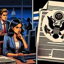 There's a late night scene at a newsroom office where a female journalist with Hispanic descent appears frustrated while working on her computer. Across the room, her Caucasian boss, in an authoritative pose, seems to be demanding something from her. Moreover, a document with official looking emblem representing a government authority is prominently shown on the desk. However, this drama unfolds without revealing any identities, showing the intensity and conflict of journalism and media ethics.
