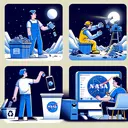 Illustrate an image with no text, that visually represents four different activities. First one shows a person sorting out a smartphone for recycling, the second activity picturing another person casually tossing a smartphone into a trash can. The third activities presents a miner working laboriously to extract rare-earth elements from a mining site. And the fourth activity portrays a person in front of a computer, attempting to gain access to satellite images, with an emblem (not text) signifying NASA on the screen.