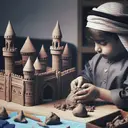 Visual depiction of a child, Eli, who is of Middle-Eastern descent and is deeply engrossed in crafting a model castle from clay. The primary focus is on the castle which is mostly completed, exhibiting detailed battlements, towers, and arches. A particular emphasis is on one of the castle's roof peaks which is sculpted into a perfect cone shape with explicit measurements. The conical peak is 14 inches in diameter and has a slant height of 20 inches. The environment is a peaceful home setting with art supplies strewn around. However, ensure the image contains no text.