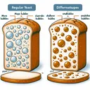 An appealing visual representation of a scientific comparison between two loaves of bread. Illustrate one loaf made with regular yeast showing typical size and shape of air bubbles throughout the bread. The other loaf of bread should demonstrate various characteristics to consider: more bubbles, differently-shaped bubbles, smaller bubbles, and bubbles more located towards the interior. The loaves should be cut open to reveal these differences. No text or labels should be present. The setting can be a bakery or kitchen counter.