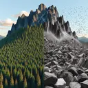 Please generate a picturesque landscape image showing a lush mountain densely populated with trees, representing a forest. Beside it, visualize an identical mountain but one without any trees, instead it is filled only with rocks appearing eroded and weathered over time. This image essentially contrasts two scenarios: one prior to deforestation and another post-deforestation, illustrating the impact of such activities onto the mountain's rocks over time.