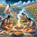 Illustrate an organized, serene scene from Native American culture, specifically capturing Sioux women engaged in various duties. The scene includes one woman delicately preparing food by a warm, crackling fire, another woman diligently working in a cornfield under a blue, cloud-dappled sky, and another woman examining an ear of corn carefully. Incorporate representations of gratitude to the great spirits in the image. Ensure there's no text included in the scene.