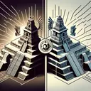 Create a conceptual image representing the monumental architectures of the Aztec and Inca Empires. On one side, portray the significant architecture of the Aztec empire, showing two symbolic representations reflecting the two gods they worshipped. On the other side, depict the iconic architecture of the Inca empire with a single symbol signifying the one god they worshipped. The architectures should signify the importance of religion in both cultures without demonstrating any explicit religious symbols. Refrain from adding any text to the image.