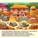 A colorful illustration depicting an old civilisation's settlement at Tres Zapotes. Include archaeological findings that may suggest a particular form of governance. These features are terraces thought to be remnants of a temple, hints of palaces and elite housing, large stone sculptures inferred as colossal heads, and traces of salt and cocoa trading.