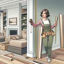 Illustrate a middle-aged Caucasian woman preparing to install new baseboards in a modern-style living room, family room, and dining room. All three rooms should be clean and empty, with their walls freshly painted. The woman is seen holding a measuring tape and contemplating the length of baseboards she needs. In her other hand, she's holding two different types of baseboards: one being 2 2/3 yards long and the other being 3 1/3 yards long. Show the baseboards with visible but unlabelled length markings to fit the no-text requirement. There should be a sense of anticipation and excitement in the scene.