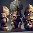 Create an image capturing the essence of early civilizations by depicting three artifacts. Artifact one is a stone figurine with a humanoid body, a bird-like head, large eyes, a crest, a small nose, large ears, and a beak. Its stance is upright, hands resting on a bulging chest, and feet are small but sturdy. Artifact two is a wooden carving of a burial urn portraying a deity seated in a meditative position, complete with an elaborate feather crown. Its face has spirals around the eyes, fierce fangs, and massive earflares. Artifact three is a pair of golden armbands, semi-circular in shape with embossed facial features, particularly a pair of eyes, a nose, and a protruding tongue.