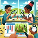 Create an image of a classroom science experiment setup. In the classroom, show two students of different genders, one Hispanic male and one Black female, each with a magnifying glass in hand, observing grasshoppers in a grassy area. Show a stopwatch nearby to signify a time frame of 20 minutes. Additionally, include a graph on a nearby tablet screen, representing data on the number of spotted grasshoppers. Keep the classroom environment vibrant and full of inquisitive energy, reflecting the steady, engaging nature of a typical science assignment. Do not include any textual elements in the image.