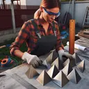 Create an image of a Caucasian female metalworker, with protective goggles and gloves on, busily engaged in crafting triangular pyramid-shaped decorative points for a fence. There is a ruler and protractor nearby which she is using for exact measurements. A partially completed fence can be seen in the background. The pyramids, each uniform in size and slightly matte in appearance due to their metal composition, lay on a table ready for the surface area calculations. Remember, no text should be present in the image.