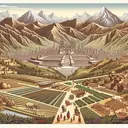 Visualize a scene that represents the development and expansion of the Inca Empire. Show an ancient civilization in the midst of growth, surrounded by mountains synonymous with the geographical location of the empire. Center in the image is a city bustling with activity, markets full of diverse goods, intricate irrigation systems, and terraced farms indicative of their agricultural expertise. The borders illustrate the empire expanding their territories, with soldiers marching to uncharted lands, along with peaceful scenes of cultural assimilation. Ensure the image contains no text.