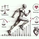 Illustrate a visual representation showing a determined power walker. Show a figure mid-motion, composed in the act of power walking. Their arms should be swinging rhythmically in opposition to their legs, displaying the principle of 'pumping opposition'. Include in the scene: a set of scales tipping in balance to symbolize 'maintaining balance', a speeding heart icon to hint at 'raising pulse', a graphical depiction of a gas tank being filled to suggest 'increasing endurance', and a protective shield overlaying the figure’s joints referencing the 'protecting weak joints'. Please do not include any text.