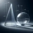 Create an image demonstrating the geometric comparison of a cone and a sphere without textual elements. The sphere should have a diameter equal to the height of the cone, and both should share the same radius. Convey the mathematical concepts of volume calculation for a cone and a sphere subtly within the image. The materials should appear as if made fromt a transparent and ghostly material so we can perceive the dimensions within. The image should be educational, delivering a clear message about the relationship between the quantities and a visual representation of the complex geometrical question.