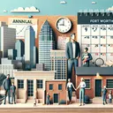 Visualize an image representing a full-time management job scenario in Fort Worth, Texas. Incorporate elements such as an office building, an urban backdrop illustrating the cityscape of Fort Worth, and a calendar signifying 'annual'. Show a depiction of 1 adult with 3 children illustrating the concept of 'Living wage'. Keep the focus on the contrast between these two elements to highlight wage difference. All components of the image should be without any written text.