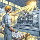 A detailed illustrative scene representing a concept of machine operator job. Visualize a tranquil environment where a Caucasian male machine operator wearing safety goggles and gloves is attentively operating a large industrial machine in a spacious factory located in Fort Worth, Texas. Sunlight beams through the factory windows creating a radiant ambiance. There's a clock on the wall showing the full-time working hours. Beside the operator, on a small table, there's a calendar, symbolizing a year, and a pile of coins, representing the annual pay of the machine operator. Make sure the image contains no text.