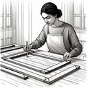 An illustration of a young South Asian woman named Nayeli in the process of building a picture frame. She is depicted in a thoughtfully arranged indoor setting with a ruler in her hands. She is seen aligning four wooden pieces of identical length around her on the table. The frame is the square shape she's aiming for. The lines representing the possible diagonals of the square are faintly visible. Please note, the image should not contain any written text.
