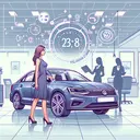 Illustrate a scene of a woman, Sophia, who is Caucasian, standing next to her newly bought, shiny Volkswagon Jetta in a car showroom. The car is embellished with upgrades like fancy floor mats and a sunroof, which add to its appeal. An abstract representation of numbers and calculations are floating around the scene, symbolizing the financial considerations she is making, but ensure no actual text appears in the image. Remember to include other elements like the showroom interior, salesperson, showroom decorations etc.