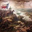 An image that illustrates the historical Battle of Sabine Pass in an aesthetically pleasing manner. The image should include glimpses of the battle, such as soldiers engaging in combat, and some symbolic elements like a tattered flag, a depiction of Texas geography or some military strategy represented on a map. However, the scene should be open to interpretation and the image should not contain any text to influence the viewer's perception or response.