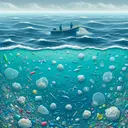 Illustrate an image of a large body of water, the Pacific ocean, with visible clumps of plastic waste creating a patch-like form. An array of microplastics can be seen floating close to the ocean's surface, differing in size and type, highlighting the severity of the situation. A few nondescript figures on a boat, equipped with mesh nets, are attempting to clean up the mess. The scene should evoke a sense of urgency while shedding light on environmental conservation efforts.