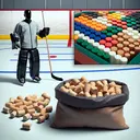 Imagine a scene on a hockey practice ground. A Black male coach is displayed, holding a bag filled with corks of varying colours - white, orange, and luminous green. These corks are identical in shape and size. Furthermore, a pool table is partially visible in the background, indicating the possibility of a game in progress. This should help visualize the given situation regarding the calculation of probability in a game setting.