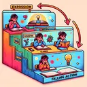A colorful illustration showcasing the stages of a story plot (exposition, rising action, climax, falling action). The stages are symbolized by a rising and falling path, with each stage labeled. The path begins at 'exposition' where a dedicated and focused student is immersed in a book in a detailed classroom setting. The 'rising action' shows the student at her desk, math books open in front of her, appearing thoughtful. At the 'climax', there's a light bulb above her head, symbolizing realization during a math class. The 'falling action' depicts the student with a satisfied and relieved expression.