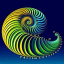 Visualise the Fibonacci sequence with numbers as ascending series of golden spirals. The 25th spiral is colored in a captivating green hue portraying the number 75,025, and the 26th spiral follows in a contrasting vibrant blue hue representing the number 121,393. The 27th spiral, larger than its predecessors, is left blank, symbolizing the unidentified value of the 27th term.