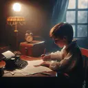Create a visually appealing and intriguing image to act as a supplement to a certain discussion question. The image represents the emotional essence of a boy writing a heartfelt letter to his brother. Display a scene where the boy pens his thoughts down on a piece of paper at a traditional wooden desk, with a lamp softly illuminating the scene. The elements in the room should reflect a blend of remorse, introspection, and sibling relationships. Please make sure there is no text present in the image.