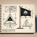 Create an appealing and educational image. It consists of a triangular flag with a height of 15 inches and a base length of 25 inches. Next to this, portray Magnolia's scaled-down drawing of the same flag, in which the base length is reduced to 10 inches. Visualize the process of computing the area from the scale drawing, with steps depicted without textual instruction, using symbols, indications of measurement, and illustrating the mathematical process involved in solving the problem.