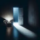 An atmospheric image that signifies silence. The image depicts an empty, dimly lit room with with minimal furniture and the only source of light coming through the cracks of the shut door, emphasizing a sense of solitude and introspection. The room has no characters, rendering an eerie calm, which silently represents the unsaid emotions.