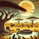 Create an illustration displaying a series of events from an African fable. Depict the lazy Snake lounging by a watering hole with his legs tucked under his body in a vast savanna. Show other animals hard at work in the background, emphasizing the contrast with the idle Snake. Introduce the Moon, interpreted as a glowing radiant sphere, descending from the sky to address the gathered animals under a vast Baobab tree. Use warm tones for the declining sun indicating the onset of dusk. The overall atmosphere of the illustration should evoke a sense of impending doom and suspense, but should not contain any text.