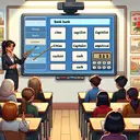 Imagine a classroom setting depicting an interactive touchscreen smartboard. There are eight empty blank spaces on the board, suggesting a fill-in-the-blanks activity. Beside the smartboard, there's a word bank containing words such as 'cities', 'capitalist', 'empirical', 'cash', etc. A South-Asian female teacher with a pointer is instructing, and a diverse group of students paying attention. The room has educational posters but no text. The style is realistic, with soft and warm light illuminating the scene.