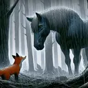 Visualize a melancholy horse wandering in a dense forest amid a chilling wind and drizzling rain. Its head is lowered, reflecting its sorrow, loneliness, and hopelessness. The horse unexpectedly encounters a fox, curious and mischievous, who stops to converse, raising an interrogative eyebrow at the horse's despair. Show the stark contrast between the lively fox and the gloomy horse, emphasizing the empathetic interaction between them, without any text or context clues from the question.