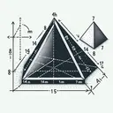 Create an illustration of a geometric shaped diagram. There's a triangle with sides measuring 16 meters, 14 meters, and 8 meters. From one side that measures 16 meters, a dashed perpendicular line leading to the vertex opposite of it is present, which measures 7 meters. Clearly indicate a right angle to the left of this perpendicular line. Then, create additional imagery of a prism and pyramid which both share a similar triangular base to the mentioned triangle and have heights of 15 meters each.