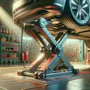 Generate a detailed image illustrating the physical situation described: a metallic car jack exerting a powerful vertical force. It's under a car with varied neutral tones, lifting it about 0.25 meter from the ground. The environment is a usual garage with various tools scattered around. Bright light is illuminating the scene, creating contrasting shadows. Do not include any text in the image.