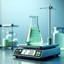 Generate an image of a laboratory setting. Depict a glass beaker containing a light green liquid, symbolizing a 2M NaOH solution. Beside it, a digital scale displaying a weight, without specifying numbers. The scene should have a clean, professional ambiance denoting precise scientific measurements, but refrain from including any text.