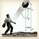 An illustrative image depicting a physics problem. Show a scene with a person with Black descent, male, standing at ground level, just released a rock into the air. The trajectory of the rock is visually indicated, shown at a height of 15.0 m in mid-flight, moving upward. The illustration seems to freeze the moment when the rock is 15.0 m above the ground, traveling upward. This image does not contain any text but is insightful about the described action.