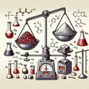Illustrate a scientific process showing an interaction between two chemical elements. Depict various symbols of chemistry, like beakers, flasks, burner, and chemical equations. Besides, portray a set of red and silver metallic lumps representing Fe2O3 and Al, along with golden metallic blocks representing Fe, and white powder for Al2O3. Further, show a balance scale showing a significant weight difference, with one side heavier to indicate 'excess Al', and the other side with 475g reference for Fe. Please, do not include any text on the image.